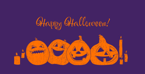 Happy Halloween banner with hand drawn vector pumpkins and candles in outline and fill on a purple background. Funny text for Happy Halloween projects with Jack-o-Lanterns and candles.