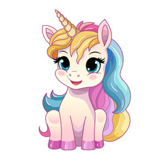 Cute unicorn with colorful mane. Pony cartoon character. Vector illustration.