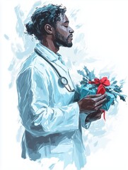 Fototapeta premium Doctor Holding a Holiday Gift with Festive Greenery and Red Ribbon
