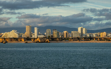 Fototapeta premium Seashore Exposure done from ship of Portimão coast on a winter day, Portugal
