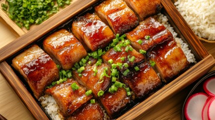 Delicious Grilled Eel Dish with Rice and Garnish
