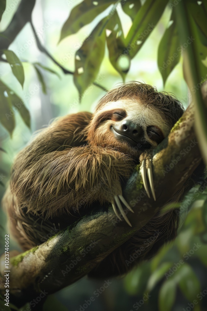 Poster a brown sloth is sleeping on a tree branch. the sloth is smiling and he is in a relaxed state