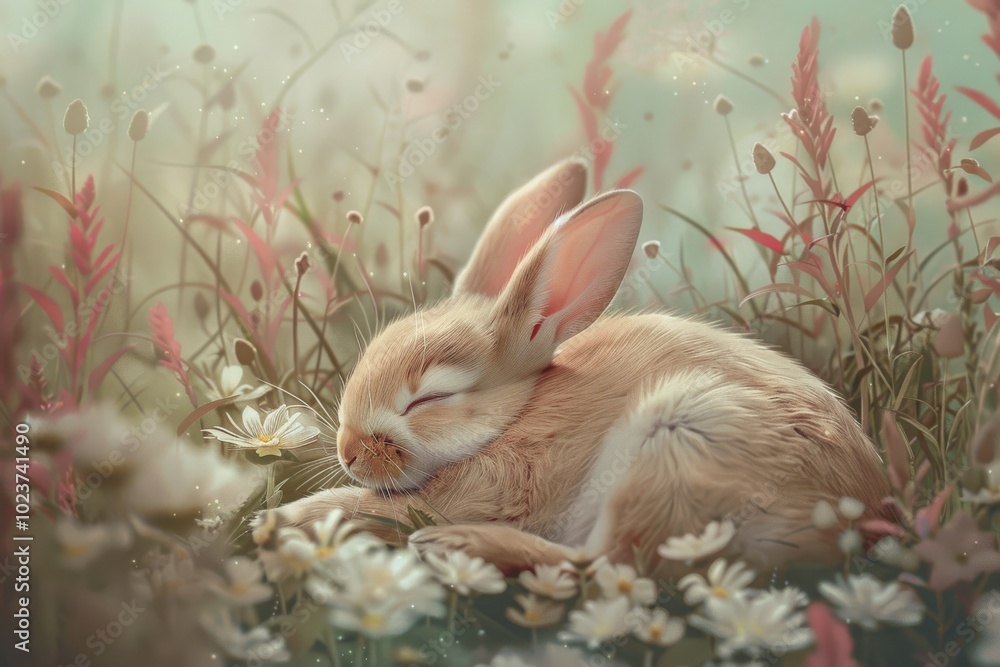 Poster a rabbit is sleeping in a field of flowers. the image has a peaceful and calming mood, as the rabbit