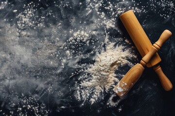 Baking background with rolling pin and flour on table