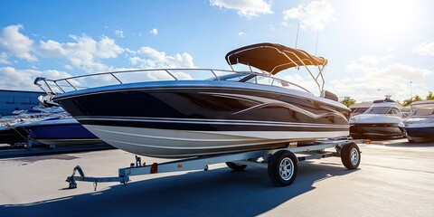 Boat on a trailer in the parking lot of a boat sports store for sale or rental, a sunny day with a...