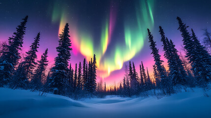Northern Lights Over Snowy Forest