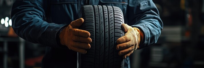 Close-up of mechanic hands holding a new car tire at the shop, isolated on a black background