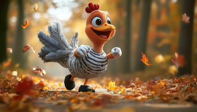 A joyful turkey in running shoes sprinting through a forested trail