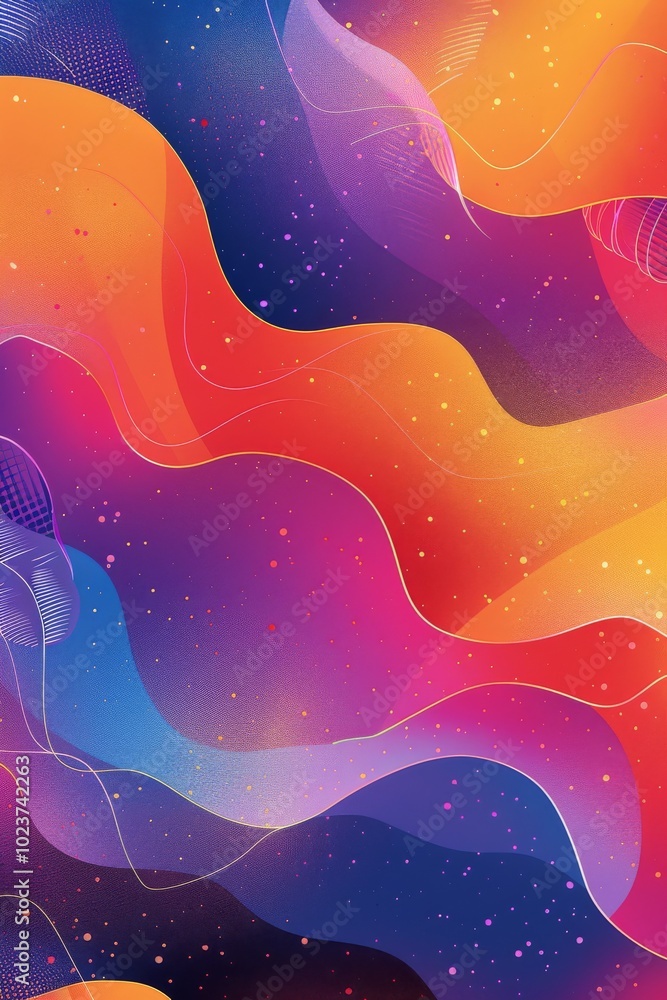 Poster abstract colorful gradient background with wavy lines and dots in vibrant orange