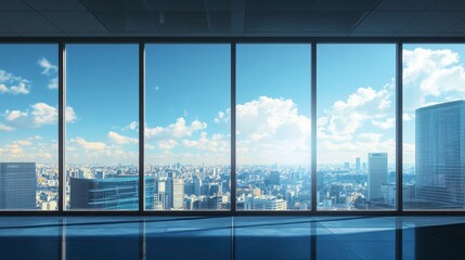 A panoramic view through a modern office window, with skyscrapers and blue sky outside.