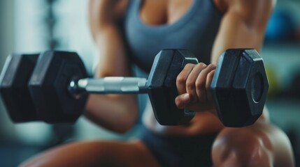 A close-up of a determined woman's hands gripping dumbbells during a challenging gym class, muscles defined and engaged