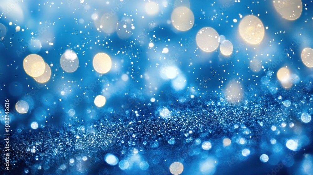 Poster a shimmering blue background with soft bokeh lights and sparkling effects.