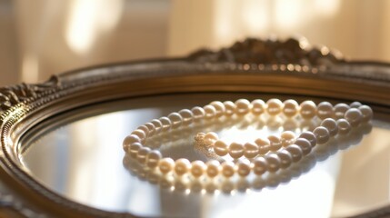 A pearl necklace draped over a mirror, reflecting soft light and creating an elegant scene.