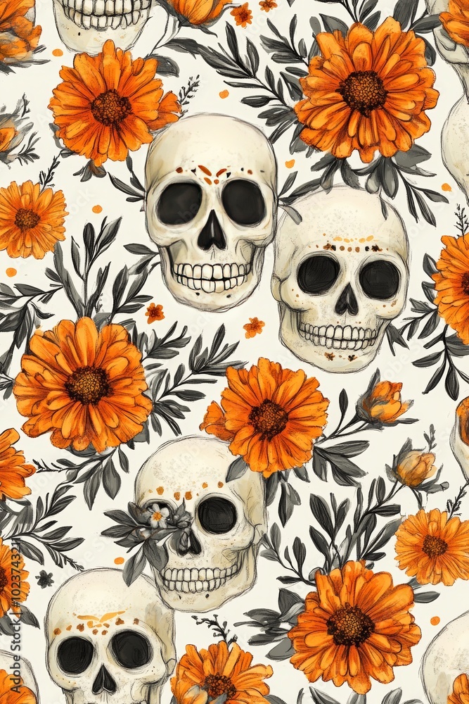 Poster day of the dead design in a repeating pattern of marigolds and skulls.