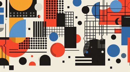 Abstract geometric Bauhaus pattern poster featuring bold shapes and primary colors. Minimalist design. Vector art