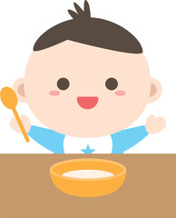 Baby boy is sitting and eating baby food icon.