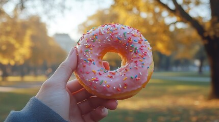 A person holding a pink frosted donut with sprinkles, taking a bite while walking through a park.