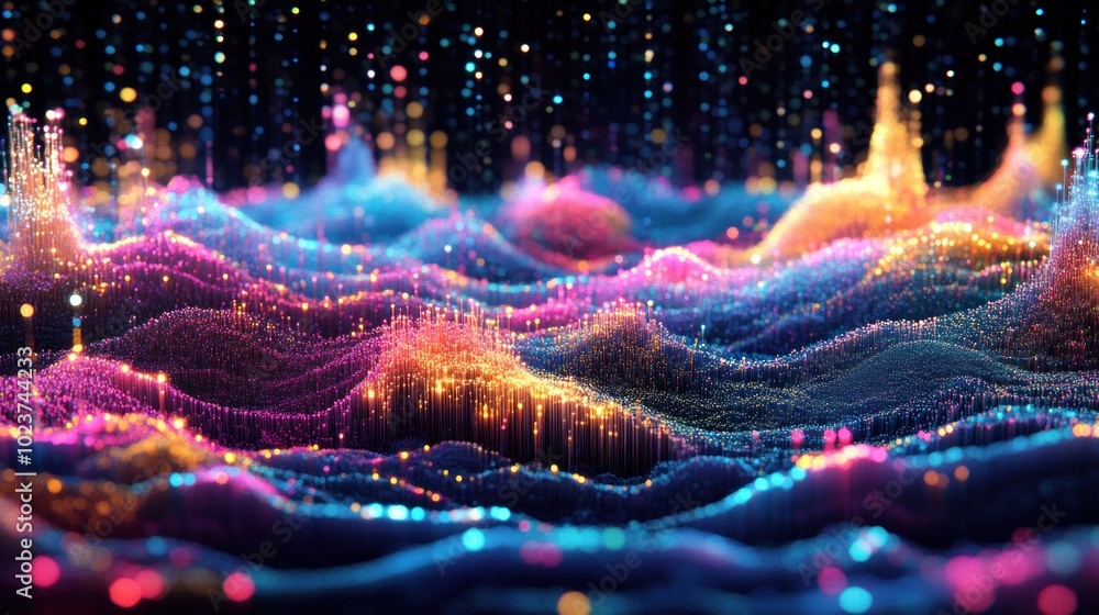 Poster Abstract visualization of colorful waves and lights, representing data or sound.