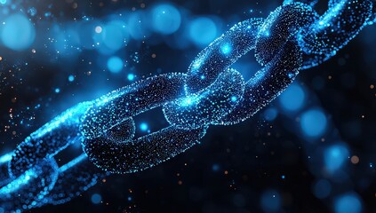 A close-up of the digital chain symbolizing blockchain technology, glowing in shades of blue and black against an abstract background. 