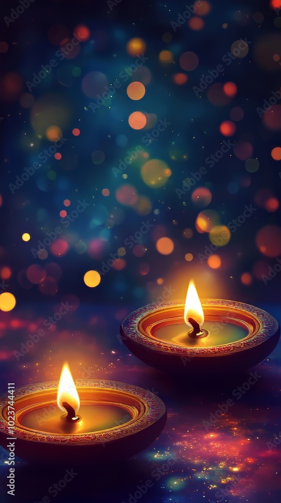 Poster two lit candles with a vibrant bokeh background, creating a warm and festive atmosphere perfect for 