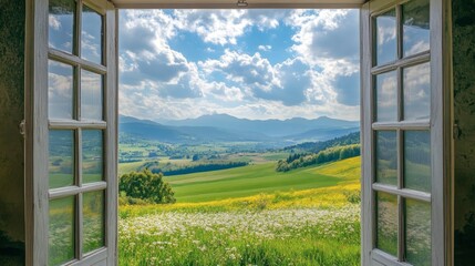 A picturesque countryside view through an open window, with green fields and mountains in the background.