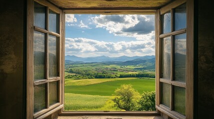 A picturesque countryside view through an open window, with green fields and mountains in the background.