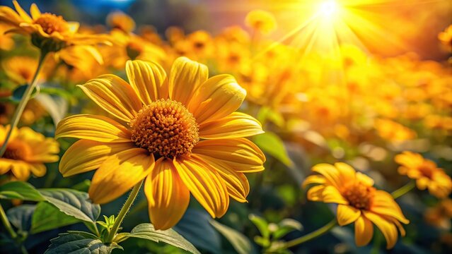 Medium shot of yellow Tithonia flowers in nature under bright sunlight