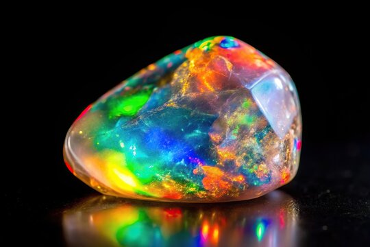 Medium shot opal crystal with rainbow colors on black background