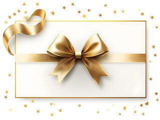 White gift voucher with gold ribbon and bow. Discount coupon. Isolated on white and transparent background, png