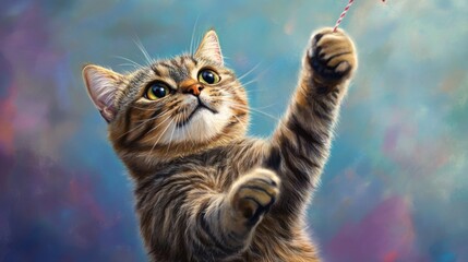 A playful cat batting at a string toy, with its paws outstretched and eyes wide with excitement.