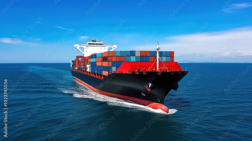 Poster container ship navigating open waters