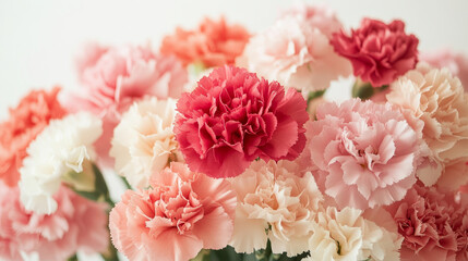 Imagine a stunning bouquet of carnations in vibrant shades of pink, red, and white, their frilled petals creating a lush, textured appearance. 