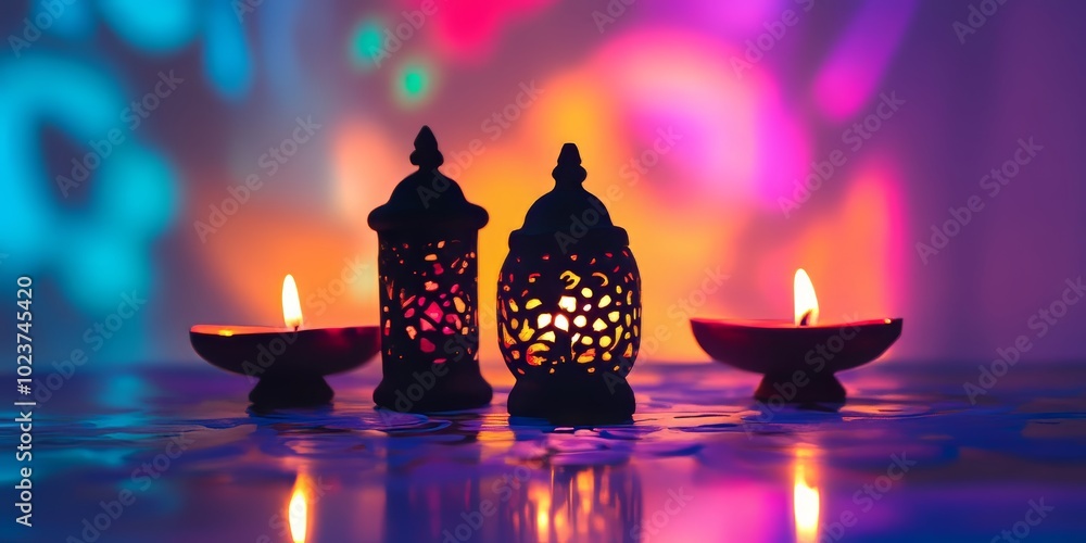 Poster a table with three candles and two lanterns. the table is set for a special occasion