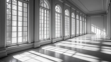 A row of windows in a historic building, with light streaming in and casting long shadows on the floor.