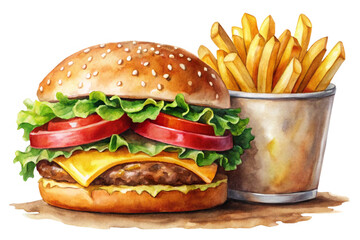  set burger and fries watercolor illustration fast food png
