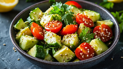 Imagine a vibrant avocado salad bursting with colors and textures. Picture creamy avocado cubes mixed with ripe cherry tomatoes, crunchy cucumber, and fresh leafy greens. 
