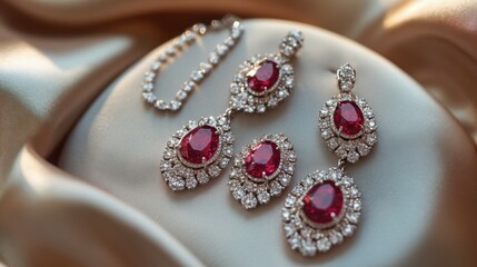 Fototapeta premium A set of matching earrings and necklace, featuring rubies and diamonds, displayed on a satin cushion.