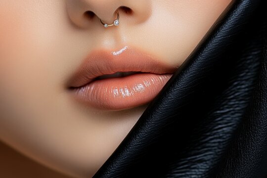 A person with a stylish vertical labret piercing below their lip, paired with a small nose ring, creating a chic and modern look