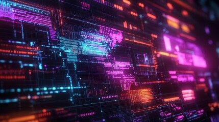 Futuristic Digital Cityscape with Neon Lights and Glowing Circuits