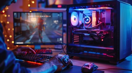 Hands assembling a custom-built PC on a desk