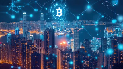 Fototapeta premium A glowing Bitcoin symbol hovers over a cityscape at night, representing cryptocurrency's global reach.