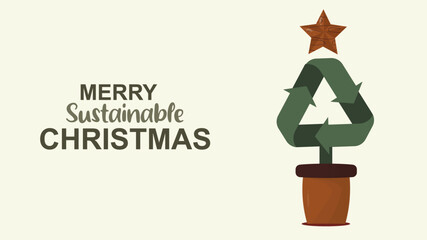 Merry sustainable christmas banner. Sustainable christmas with recycling symbol. Sustainable Christmas Eco-Friendly Holiday Greeting. Christmas tree with recycling symbol. White background