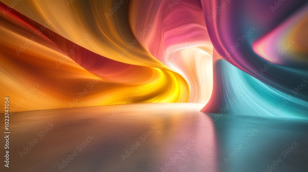 Poster a stunning abstract image featuring colorful wave patterns in a modern art installation, showcasing 