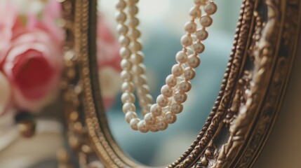 A string of pearls hanging from a decorative mirror, creating a vintage-inspired vignette.