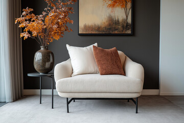 Dark, moody, cozy, minimalistic, modern autumn fall living room with sofa and leaves