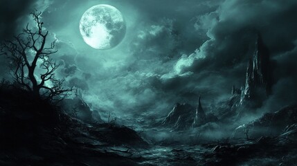 A desolate, moonlit landscape with a looming rock formation.