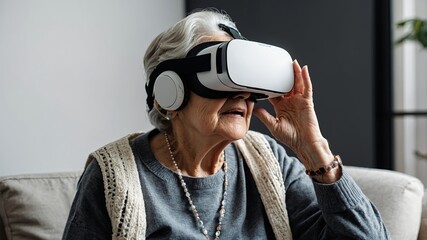 A Grandmother trying out the experience of using Virtual Reality Isolated with a white background. Virtual experience