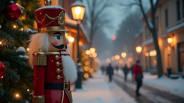 The Nutcracker, against the backdrop of a Christmas tree, street, snowing, lights
