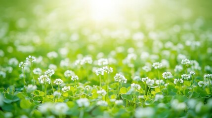 Meadow of white daisies glowing under the morning sun, surrounded by soft bokeh and bright yellow light. Nature's beauty concept.