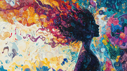 Silhouette of a Woman with Vibrant Flowing Hair Desktop Wallpaper

